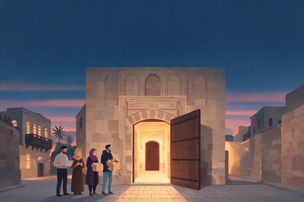 رسم لمبنى حجري دمشقي بابه الكبير مفتوح والضوء يخرج منه، وفي داخله باب ثانٍ مغلق، وأمامه أربعة روّاد أعمال يحملون حاسوباً وهاتفاً وصناديق منتجات ويترددون في الدخول